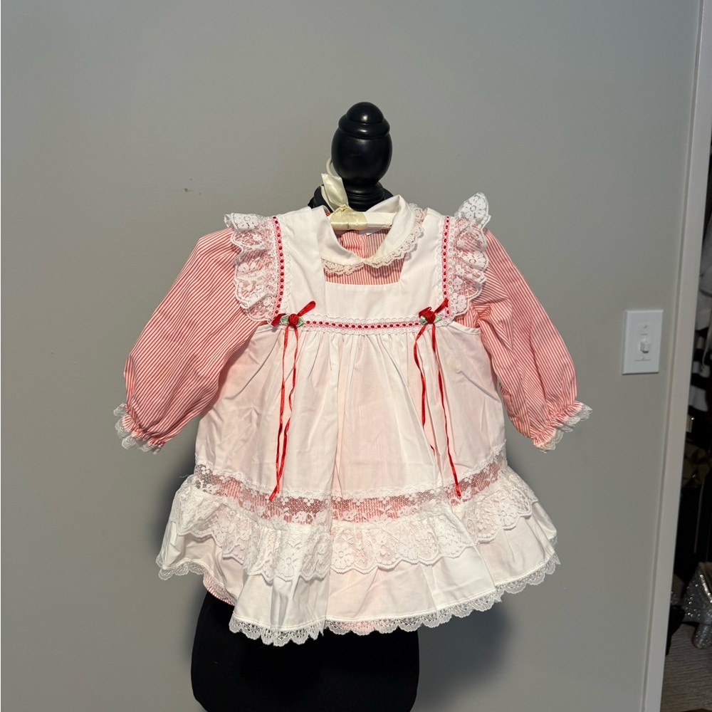 Vintage 80s 90s Baby Dress Lace Ruffle red White 3–6 Months